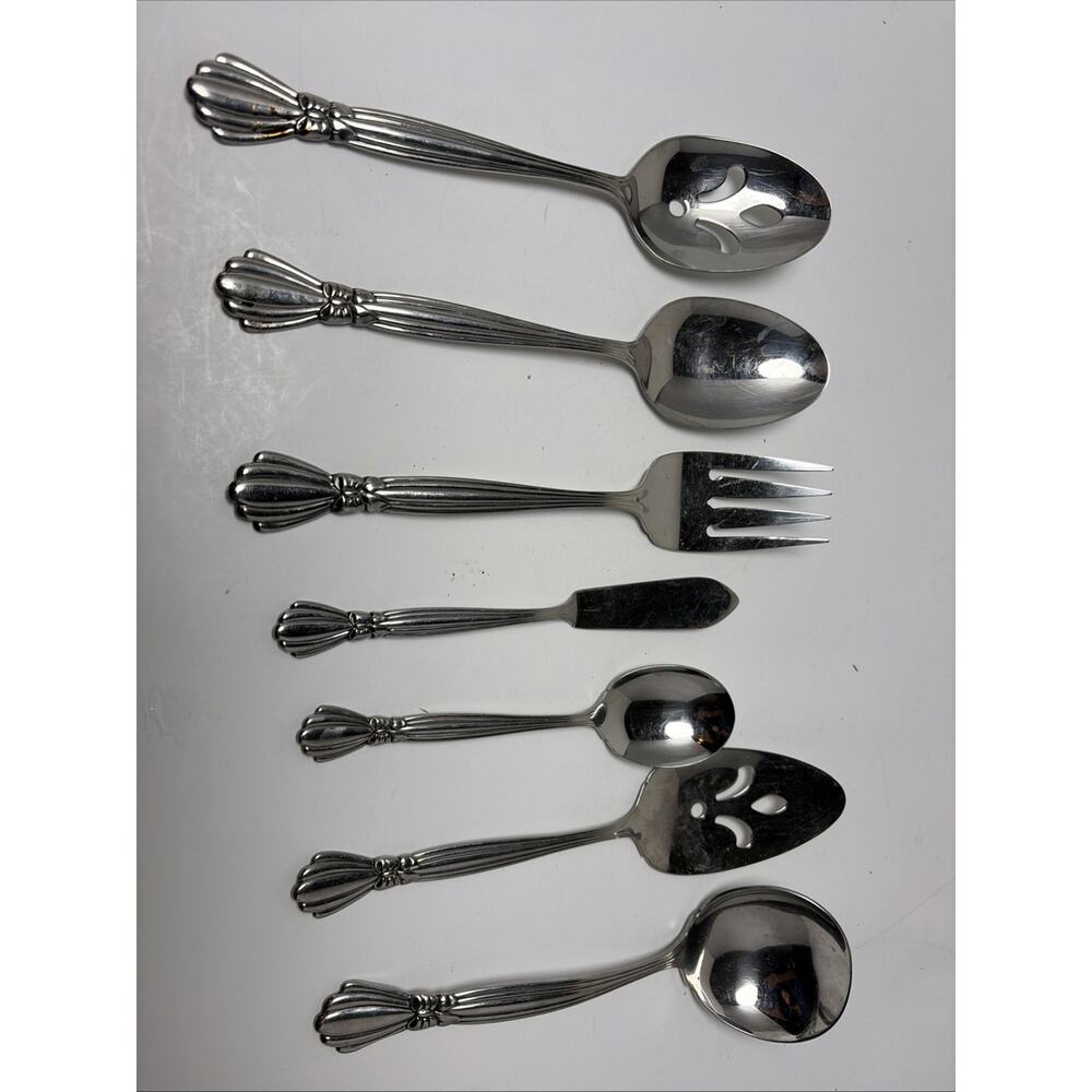 ONEIDA ALEXIS HOSTESS SET 7 PC DELUXE STAINLESS BOW SPOONS FORK SUGAR BUTTER